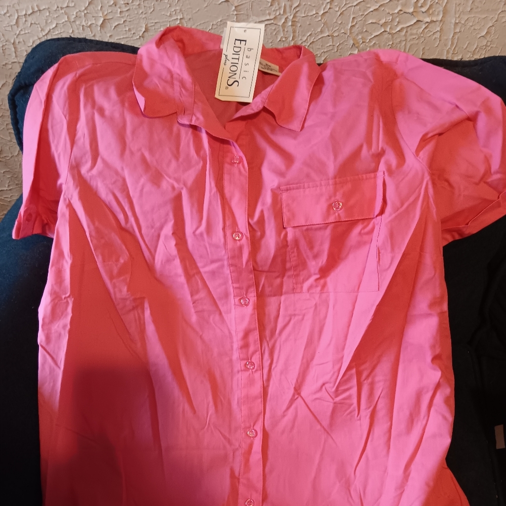Basic Edition Plus Pink 20W Collared Short Sleeve Tee With Pockets NWT